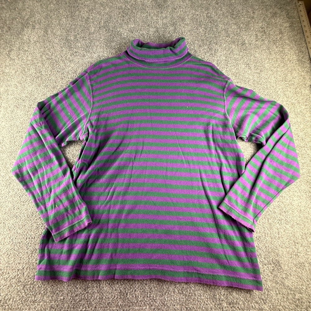 Hillary Paige Sport Vintage Purple Green Striped Turtleneck Cotton Shirt XL